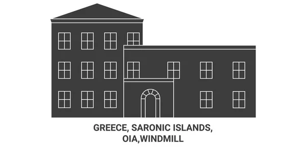 Greece Saronic Islands Oia Windmill Travel Landmark Line Vector Illustration — Stock Vector