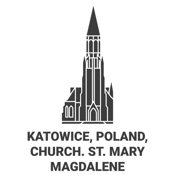 Polen Kattowitz Kirche Maria Magdalena Reise Wahrzeichen Linie Vektor Illustration — Stockvektor