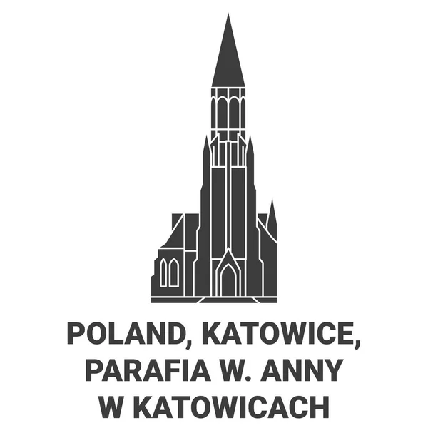 Polen Kattowitz Parafia Anny Katowicach Reise Meilenstein Linienvektorillustration — Stockvektor