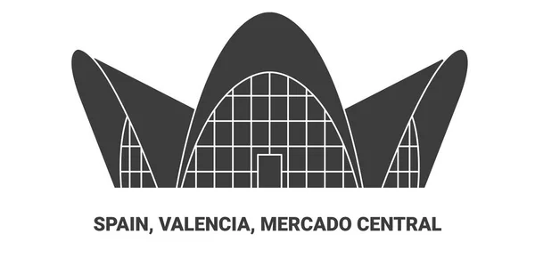 スペイン バレンシア メルカド中央 旅行ランドマークラインベクトルイラスト — ストックベクタ