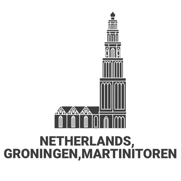 Netherlands Groningen Martinitoren Travel Landmark Line Vector Illustration — 스톡 벡터