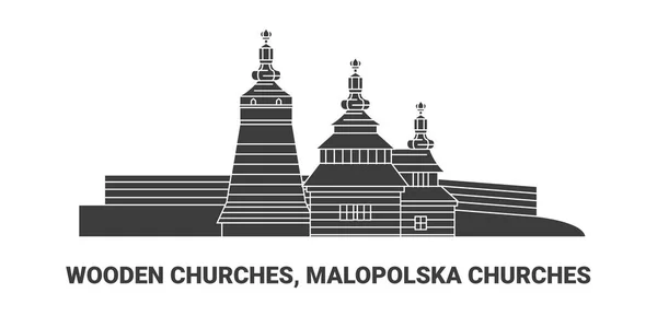Polen Holzkirchen Malopolska Kirchen Reise Meilenstein Linienvektorillustration — Stockvektor