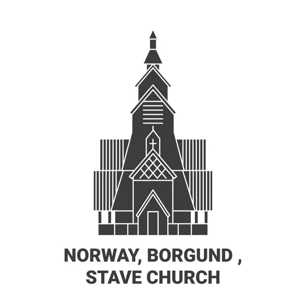 Noruega Borgund Stave Igreja Viagens Marco Linha Vetor Ilustração — Vetor de Stock