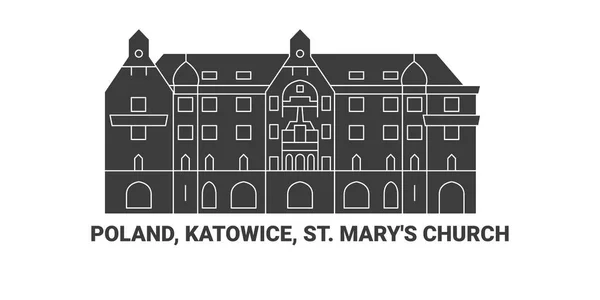Poland Katowice Marys Church Travel Landmark Line Vector Illustration — Stock Vector