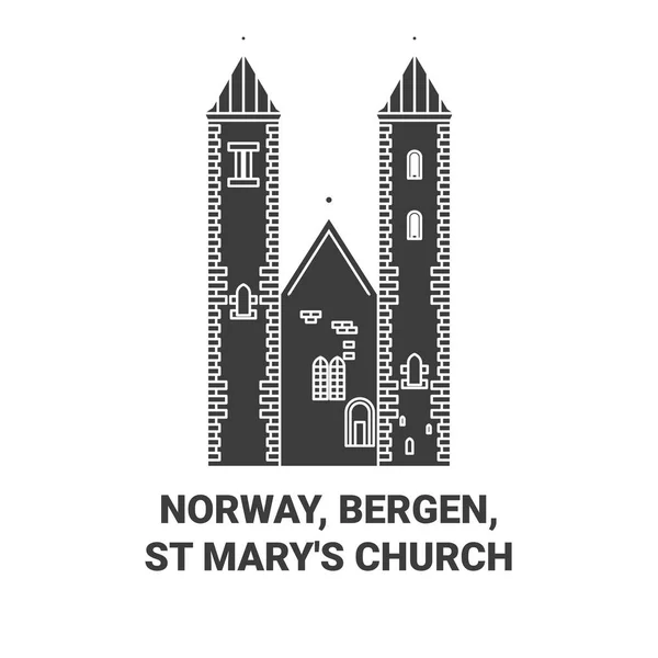 Norwegen Bergen Marien Kirche Reise Meilenstein Linienvektorillustration — Stockvektor