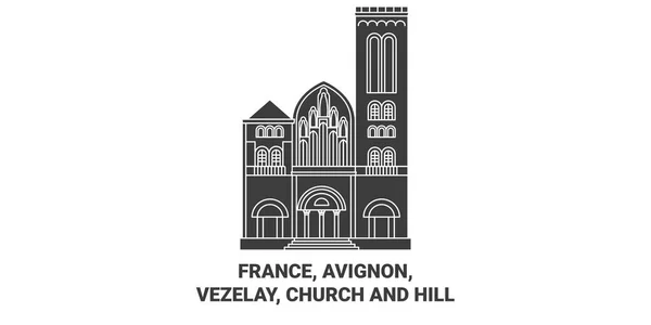 France Avignon Vezelay Eglise Colline Voyage Illustration Vectorielle Ligne Historique — Image vectorielle