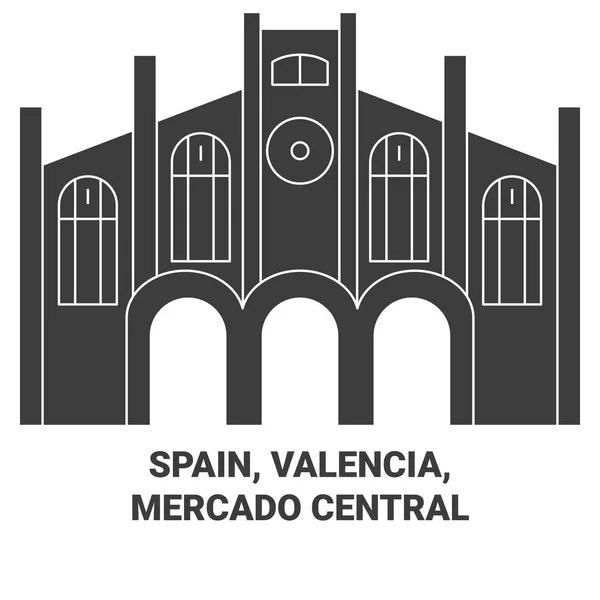 Spain Valencia Mercado Central Travel Landmark Line Vector Illustration — Stock Vector
