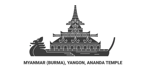 Μιανμάρ Βιρμανία Yangon Ananda Temple Ταξιδιωτική Απεικόνιση Διάνυσμα Γραμμή Ορόσημο — Διανυσματικό Αρχείο