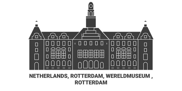 Netherlands Rotterdam Wereldmuseum Rotterdam Travels Landmark Line Vector Illustration — стоковий вектор