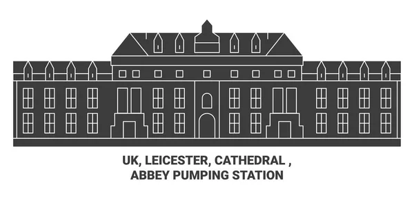 Leicester Cathedral Abbey Pumping Station Travel Landmark Line Vector Illustration — Stock Vector