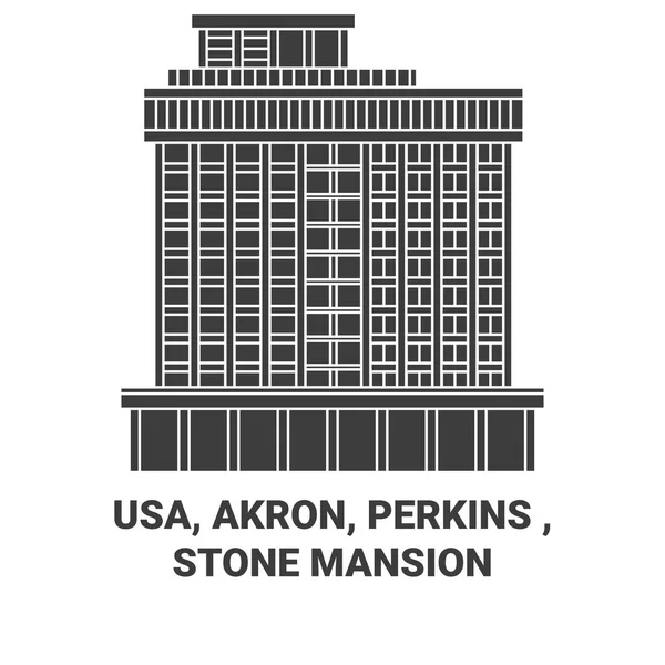 Akron Perkins Piedra Mansión Viaje Hito Línea Vector Ilustración — Vector de stock