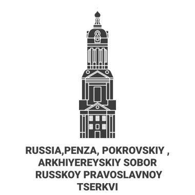 Rusya, Penza, Pokrovskiy, Arkhiyereyskiy Sobor Russkoy Pravoslavnoy Tserkvi seyahat çizgisi vektör çizimi