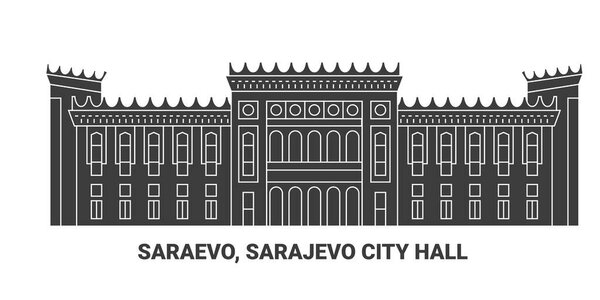 Bosnia And Herzegovina, Sarajevo, Sarajevo City Hall, travel landmark line vector illustration