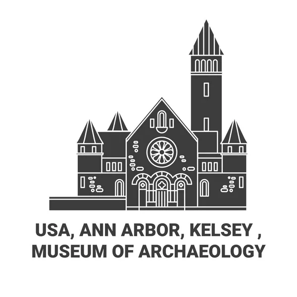 Usa Ann Arbor Kelsey Museum Archaeology Reise Grenzstein Linienvektorillustration — Stockvektor