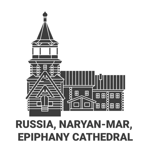 Rusland Naryanmar Epiphany Kathedraal Reizen Oriëntatiepunt Lijn Vector Illustratie — Stockvector