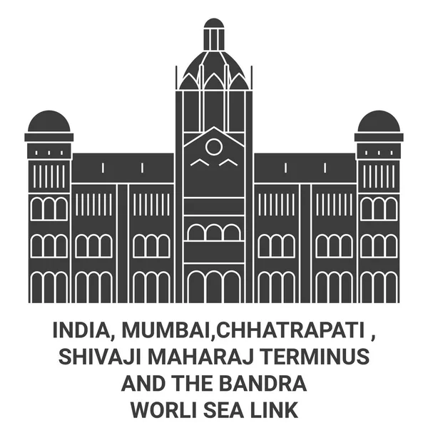 Chhatrapati Shivaji Maharaj Terminus和The Bandraworli Sea Link旅行地标线矢量图 — 图库矢量图片