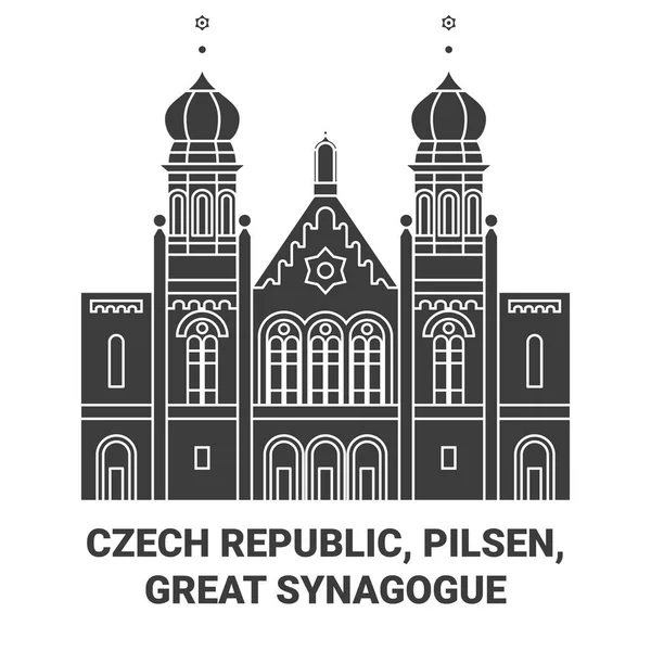 République Tchèque Pilsen Grande Synagogue Voyage Illustration Vectorielle Ligne Historique — Image vectorielle