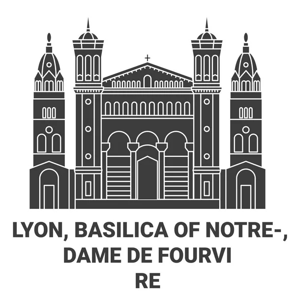 France Lyon Basilica Notredame Fourvire Travel Landmark Line Vector Illustration — 스톡 벡터