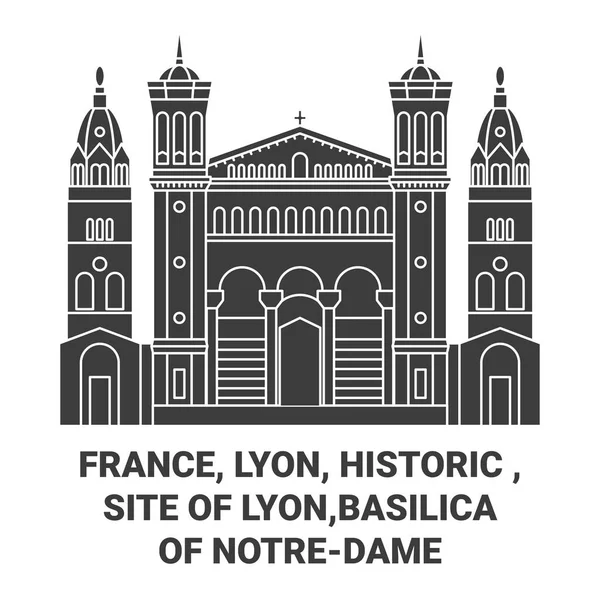 France Lyon Historic Site Lyon Basilica Notredame Travel Landmark Line — 스톡 벡터