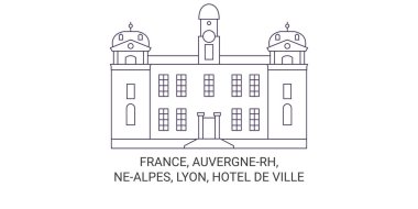 Fransa, Auvergnerh, Nealpes, Lyonhtel De Ville seyahat çizgisi vektör ilüstrasyonu