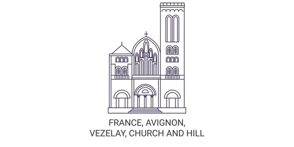 Frankrike Avignon Vezelay Kyrka Och Hill Resor Landmärke Linje Vektor — Stock vektor