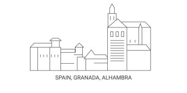 İspanya, Granada, Alhambra, seyahat çizgisi vektör illüstrasyonu