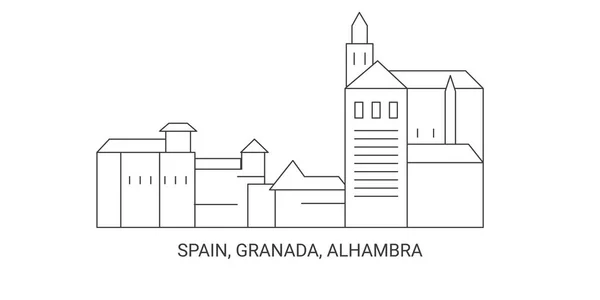 スペイン グラナダ アルハンブラ宮殿 旅行ランドマークラインベクトル図 — ストックベクタ