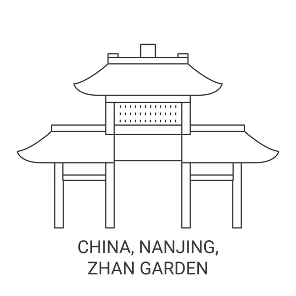 China Nanjing Zhan Garden Travel Landmark Line Vector Illustration — стоковий вектор