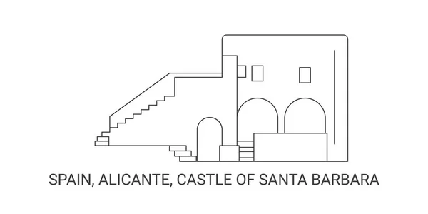西班牙 阿利坎特 圣巴巴拉城堡 旅行地标线矢量图解 — 图库矢量图片