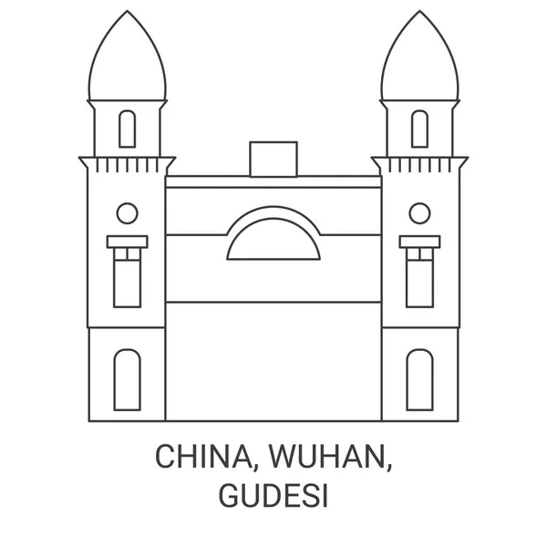 China Wuhan Gudesi Travel Landmark Line Vector Illustration — стоковий вектор