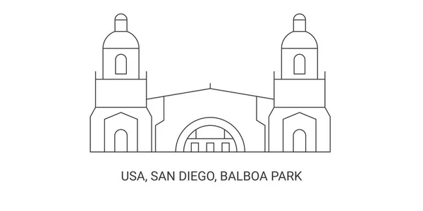 Usa San Diego Balboa Park Reise Meilenstein Linienvektorillustration — Stockvektor