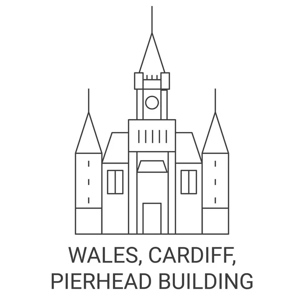 Wales Cardiff Pierhead Byggnad Resa Landmärke Linje Vektor Illustration — Stock vektor