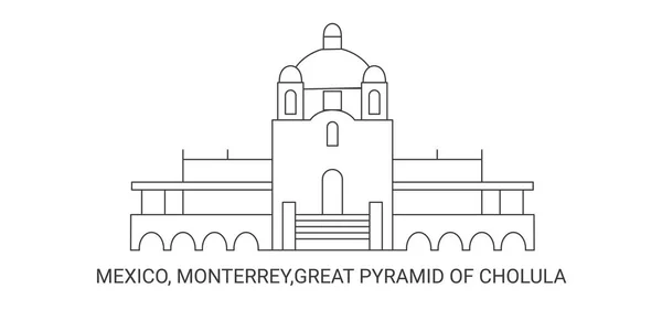 México Monterrey Gran Pirámide Cholula Ilustración Vector Línea Referencia Viaje — Vector de stock