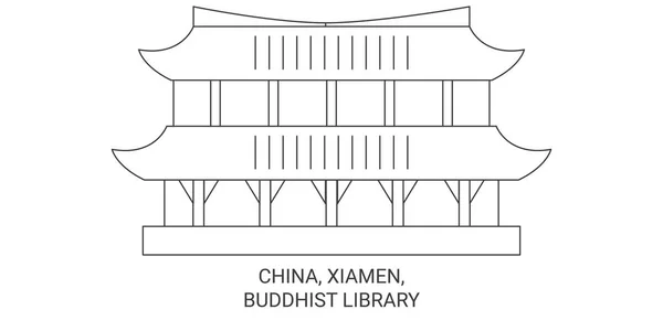 Китай Сямен Буддійська Бібліотека Подорожує Орієнтовною Лінійною Ілюстрацією — стоковий вектор