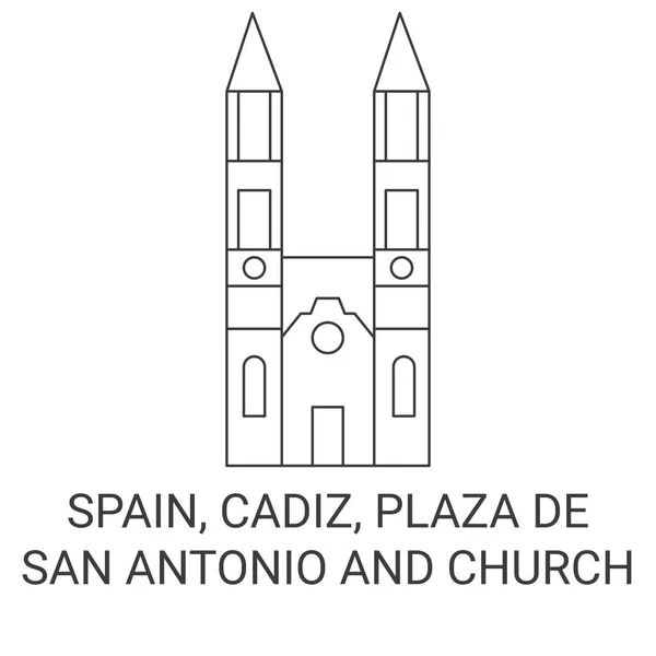 西班牙 加的斯 圣安东尼奥广场和教堂旅行地标线矢量图解 — 图库矢量图片