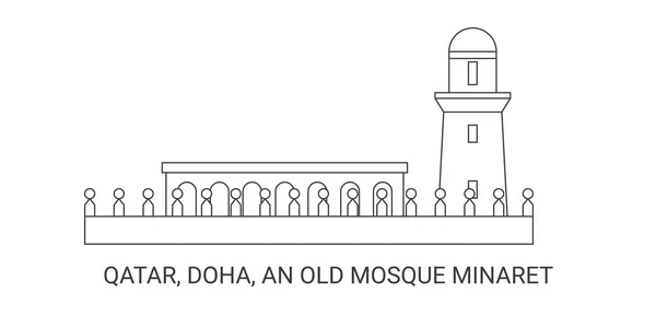 Qatar Doha Old Mosque Minaret Illustration Vectorielle Ligne Repère Voyage — Image vectorielle