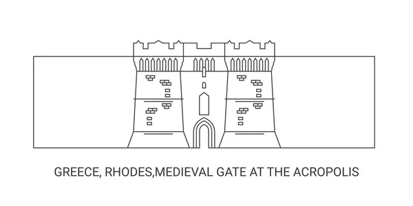 Grèce Rhodes Porte Médiévale Acropole Illustration Vectorielle Ligne Repère Voyage — Image vectorielle