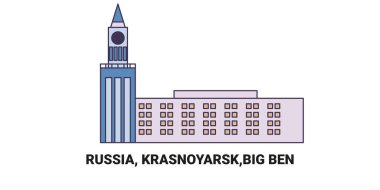 Rusya, Krasnoyarsk, Big Ben, seyahat çizgisi vektör ilüstrasyonu