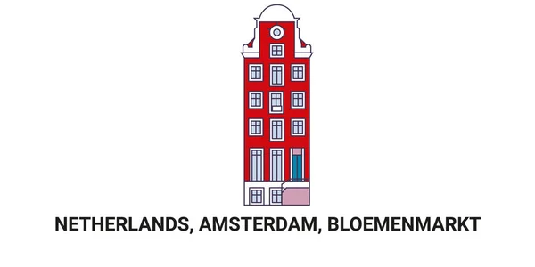 Niederlande Amsterdam Bloemenmarkt Reise Meilenstein Linienvektorillustration — Stockvektor