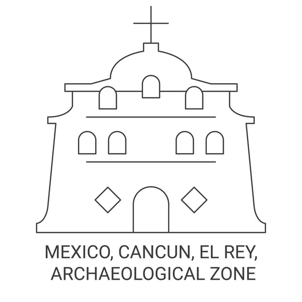 Mexico Cancun Rey Archaeological Zone Travel Landmark Line Vector Illustration — Stock Vector