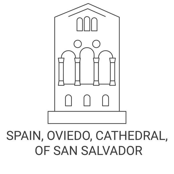 西班牙 奥维多 圣萨尔瓦多大教堂旅行地标线矢量图解 — 图库矢量图片