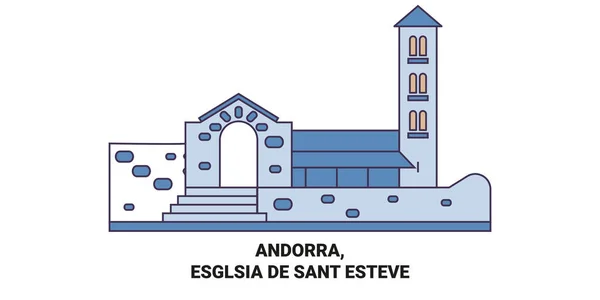 安道尔 Esglsia Sant Esteve旅行地标线矢量说明 — 图库矢量图片