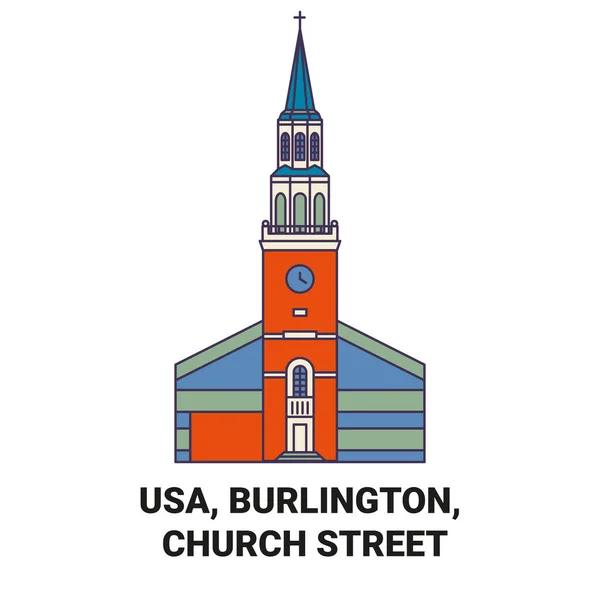 Usa Burlington Church Street Reise Meilenstein Linienvektorillustration — Stockvektor