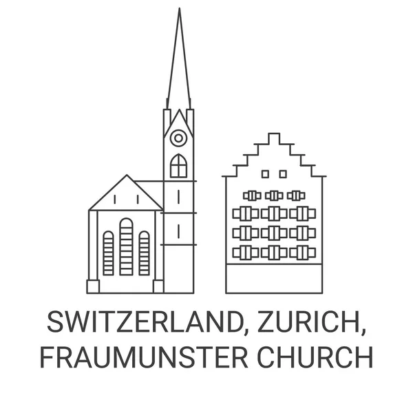 Swiss Zurich Fraumunster Gereja Perjalanan Landmark Garis Vektor Ilustrasi - Stok Vektor