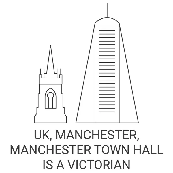 England Manchester Manchester Town Hall Viktoriansk Resa Landmärke Linje Vektor — Stock vektor