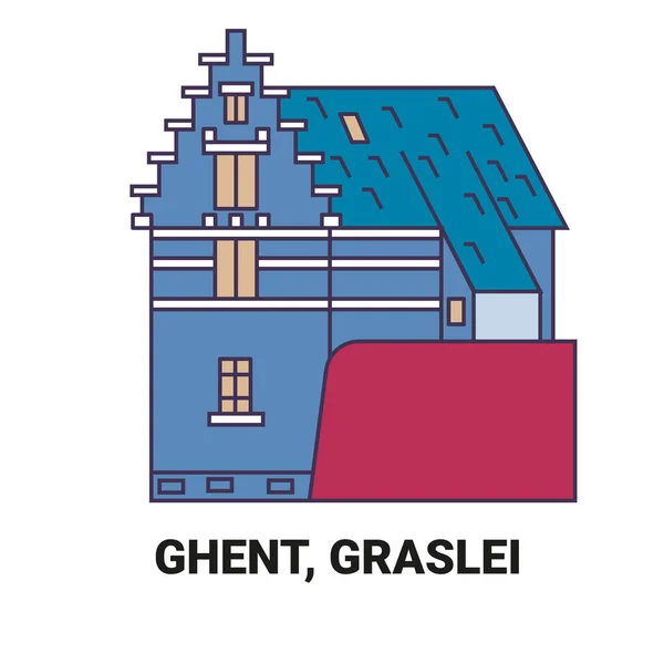 Belgium Ghent Graslei Travel Landmark Line Vector Illustration — Stock Vector