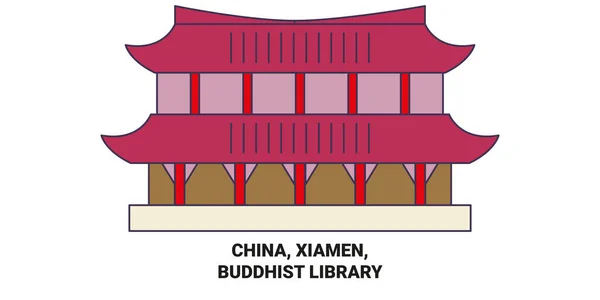 Китай Сямен Буддійська Бібліотека Подорожує Орієнтовною Лінійною Ілюстрацією — стоковий вектор