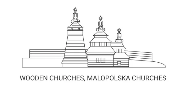 Polen Holzkirchen Malopolska Kirchen Reise Meilenstein Linienvektorillustration — Stockvektor