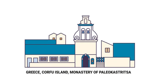 Grekland Korfu Island Klostret Paleokastritsa Resa Landmärke Linje Vektor Illustration — Stock vektor