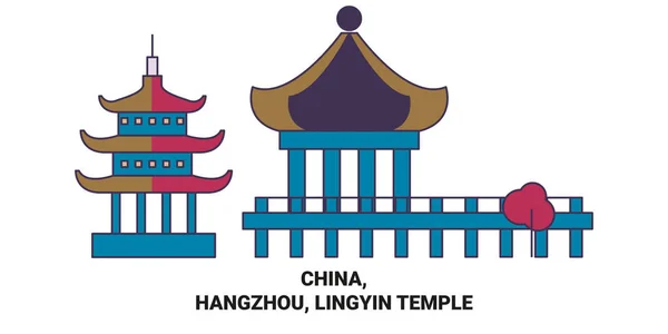 Китай Ханчжоу Ліньїн Храм Подорожує Орієнтовною Лінійною Ілюстрацією — стоковий вектор